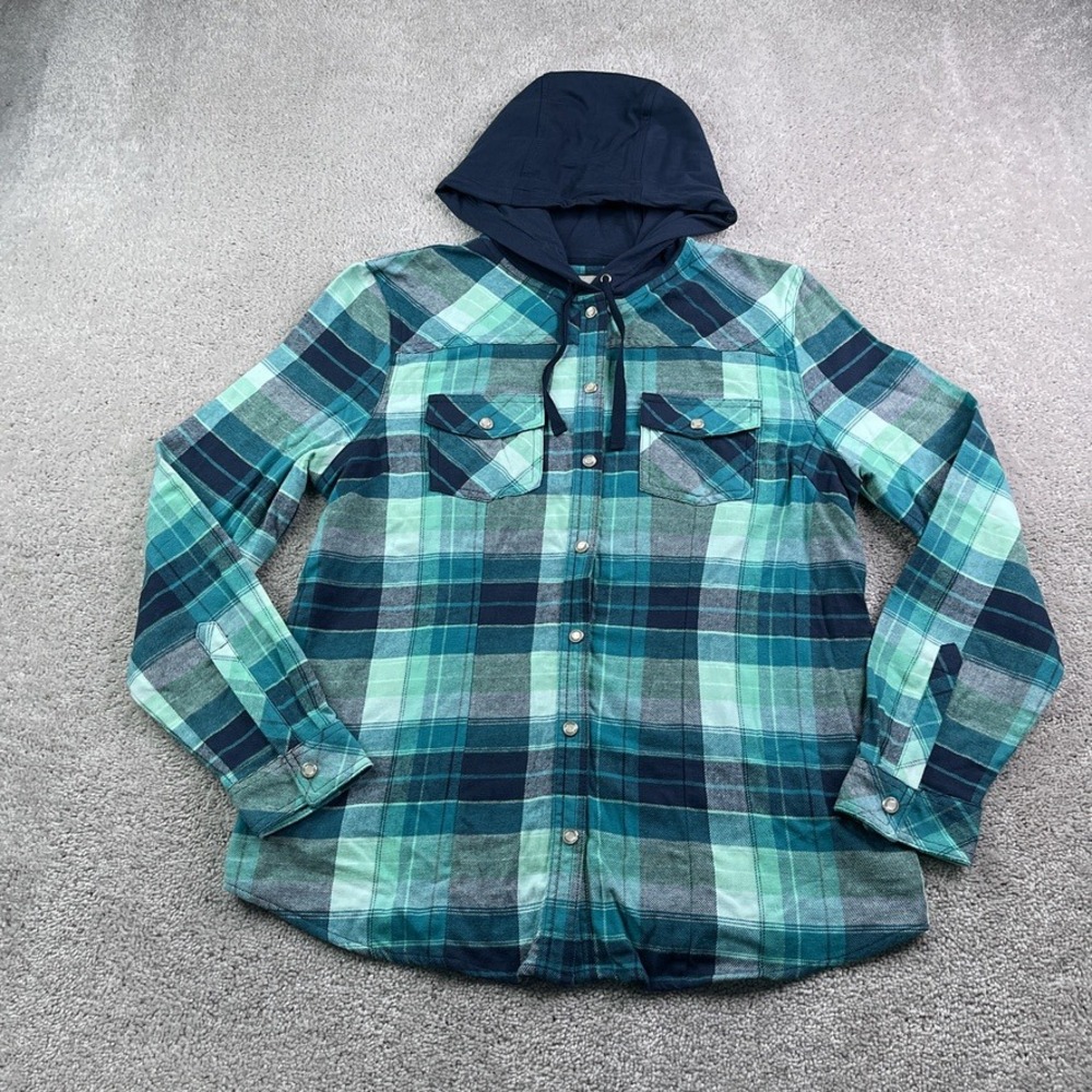 Legendary Whitetails Top Womens Medium Blue Plaid Hooded Flannel Pearl Snap